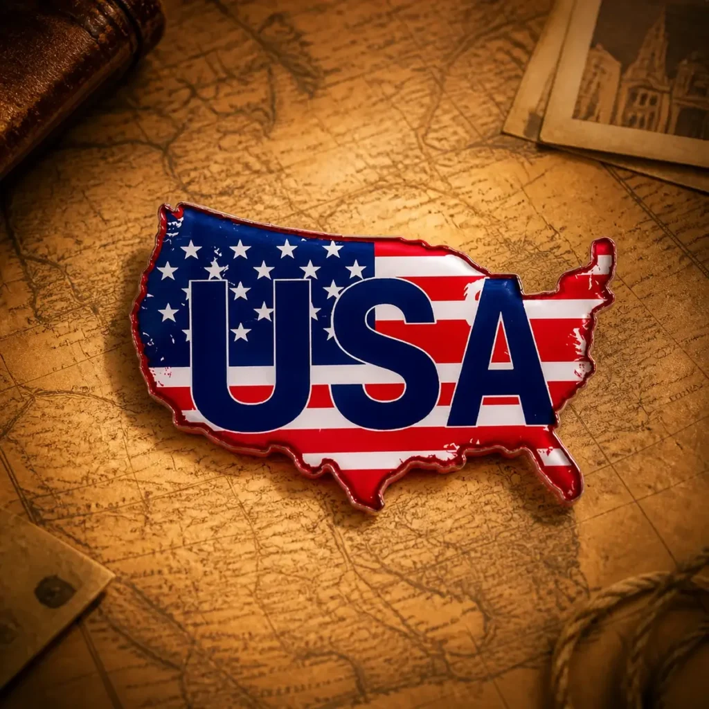 Custom acrylic USA souvenir fridge magnet on a dark travel map