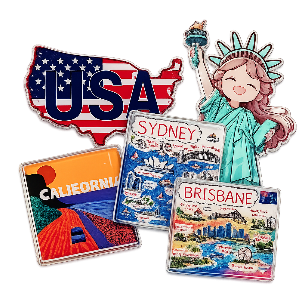 Custom acrylic souvenir fridge magnets featuring USA, Statue of Liberty, California, Sydney and Brisbane designs