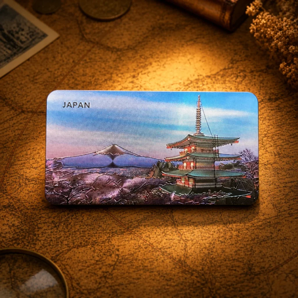 Custom aluminum foil Japan souvenir fridge magnet on a dark travel map