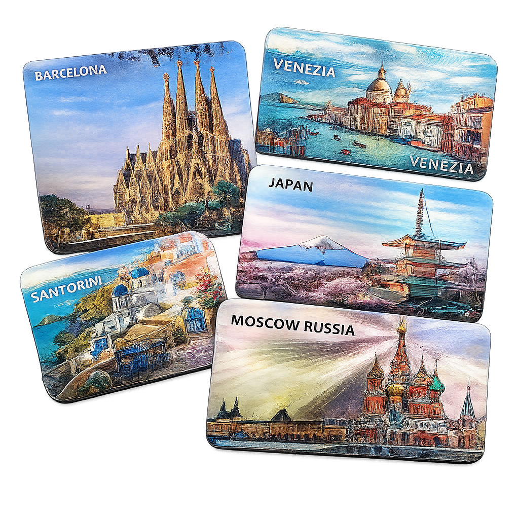 Custom aluminum foil souvenir fridge magnets featuring Barcelona, Venice, Japan, Santorini and Moscow designs