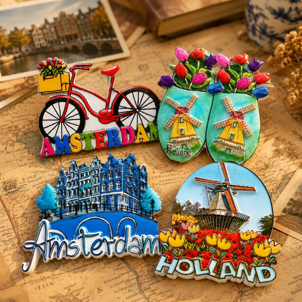 Custom Amsterdam landmark polyresin magnets with bicycles, windmills and canal houses