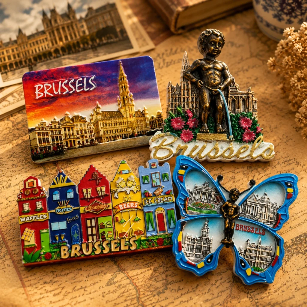 Brussels tourism resin magnets with Belgian landmarks and colorful city designs