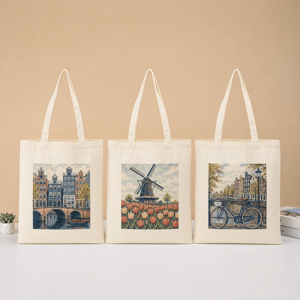 Amsterdam city design printed on a custom cotton canvas tote bag