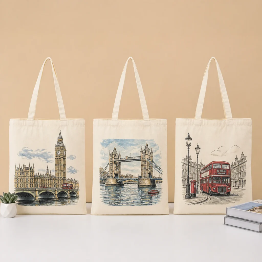 London tourism design printed on a reusable custom canvas shopping bag