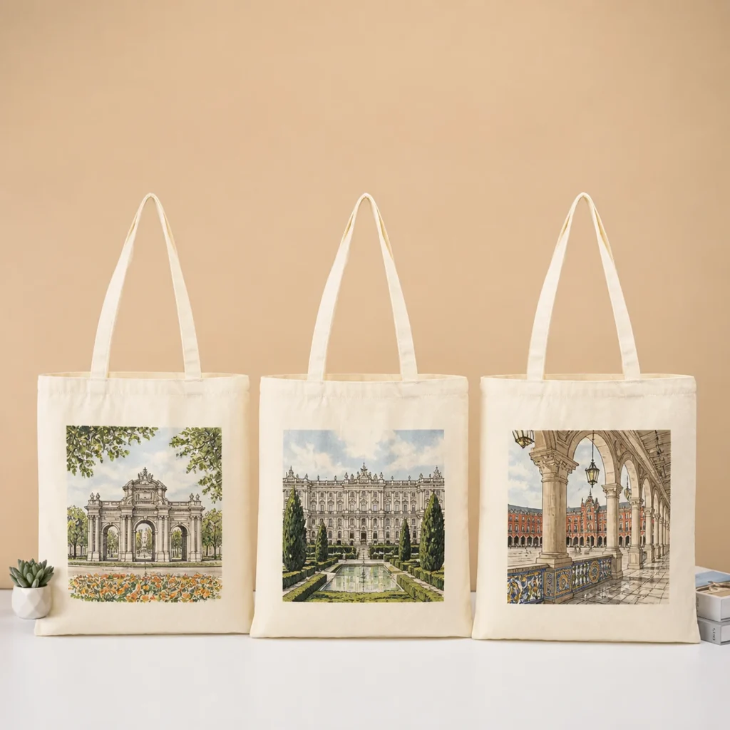 Madrid destination artwork printed on a custom canvas retail tote bag