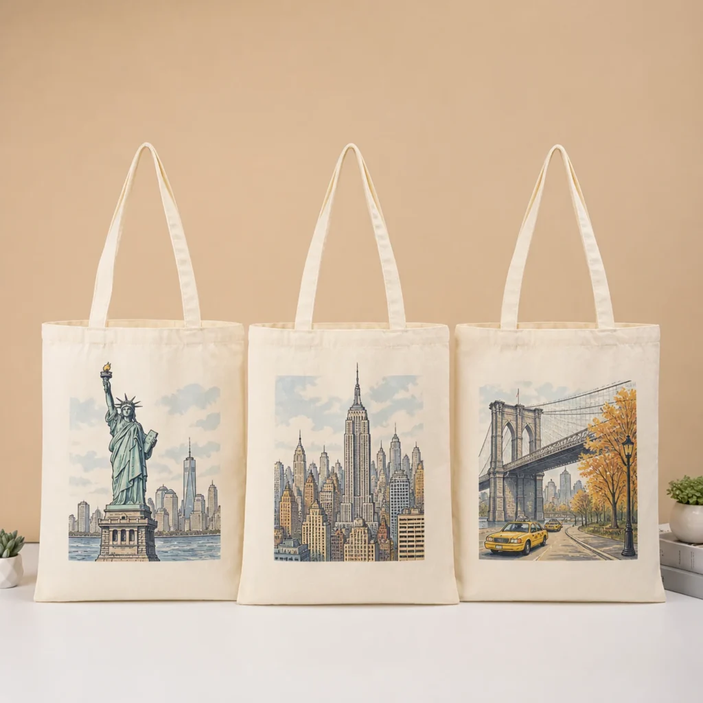 New York city graphic on a custom cotton-canvas souvenir tote bag