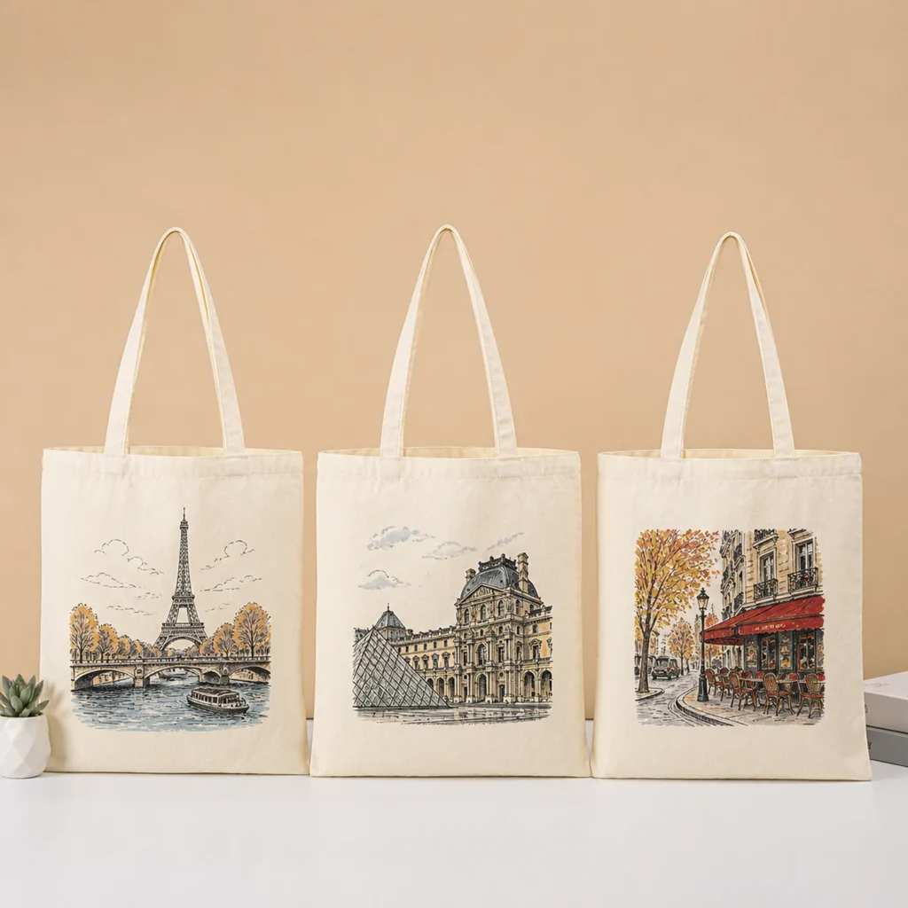 Paris city landmark artwork printed on a custom cotton canvas tote bag