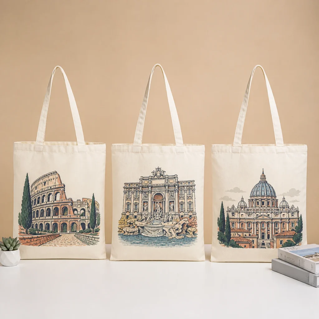 Rome landmark illustration on a reusable custom canvas souvenir bag