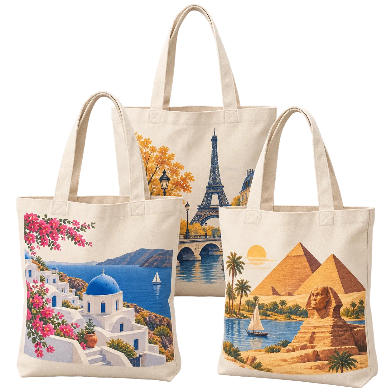 Custom canvas tote bags with destination landmark artwork