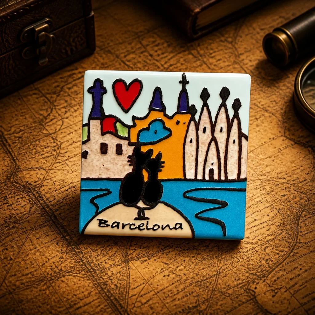 Custom ceramic Barcelona souvenir fridge magnet on a dark travel map