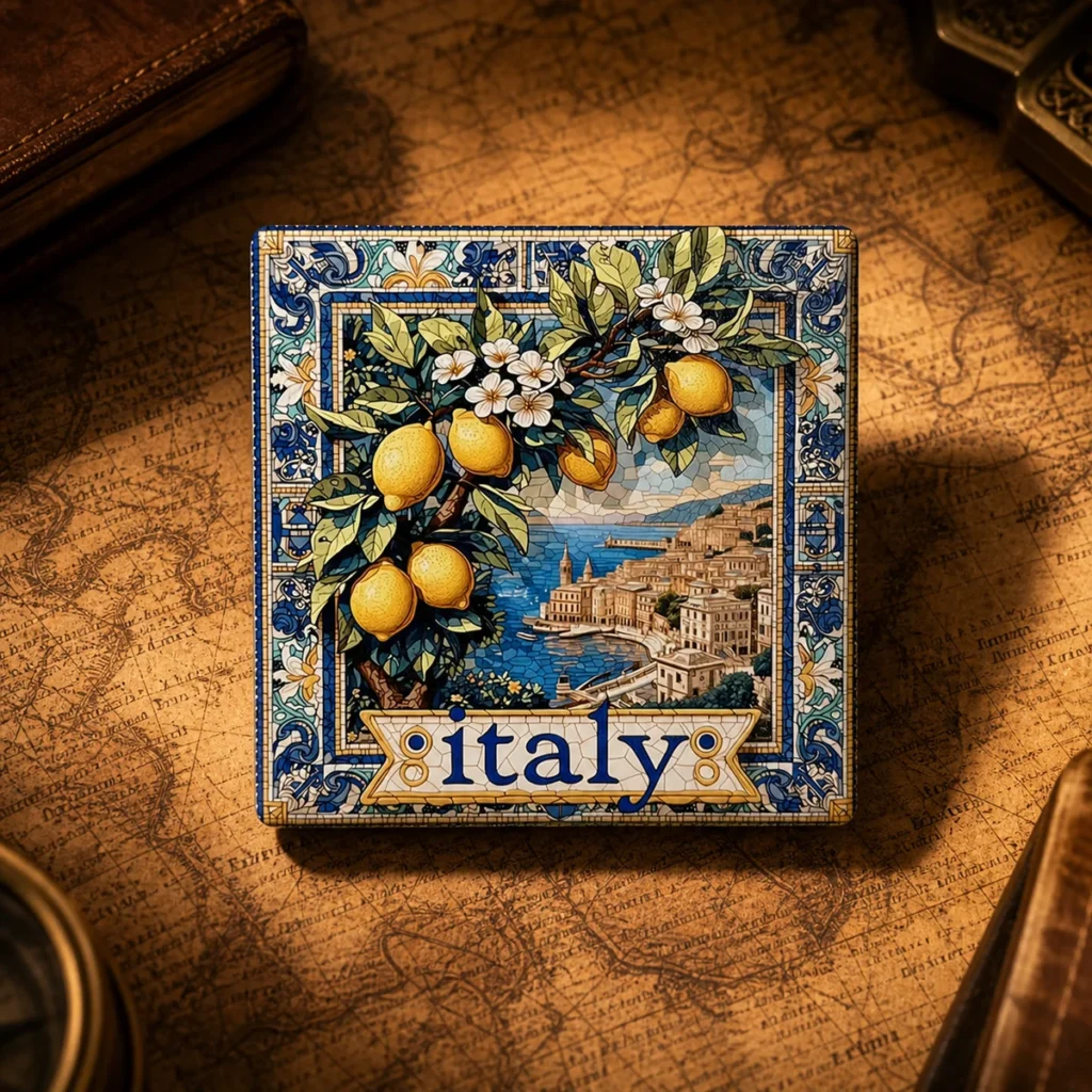 Custom ceramic Italy souvenir fridge magnet on a dark travel map