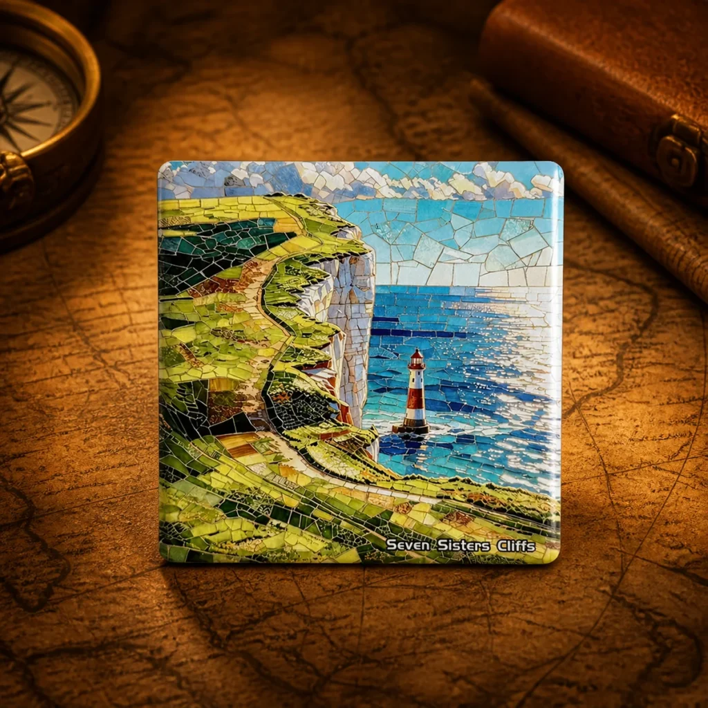 Custom ceramic Seven Sisters UK souvenir fridge magnet on a dark travel map