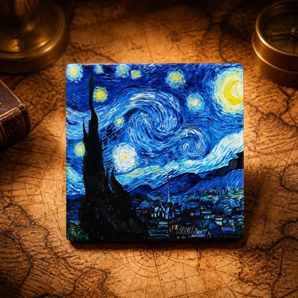 Custom ceramic Starry Night art souvenir fridge magnet on a dark travel map