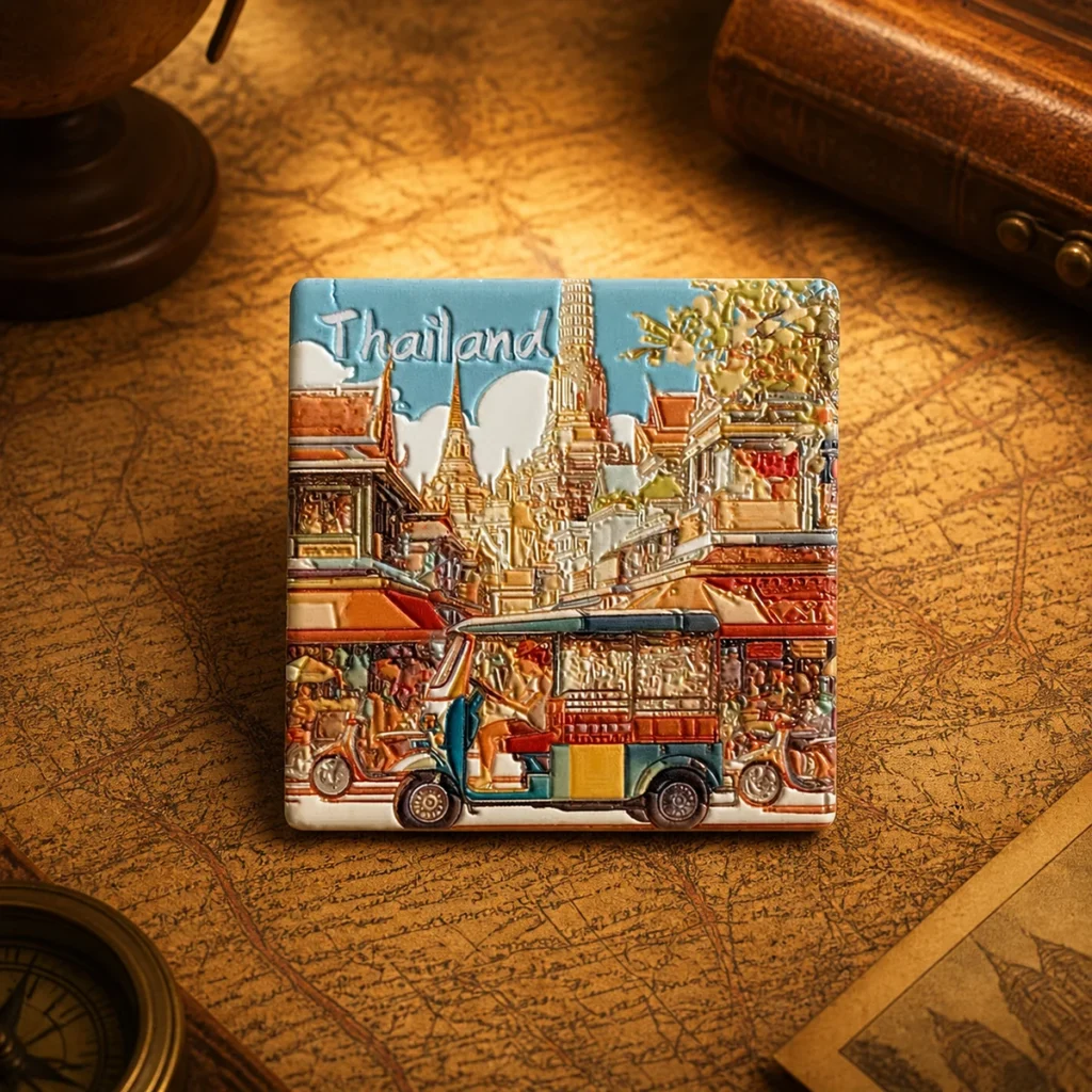 Custom ceramic Thailand souvenir fridge magnet on a dark travel map