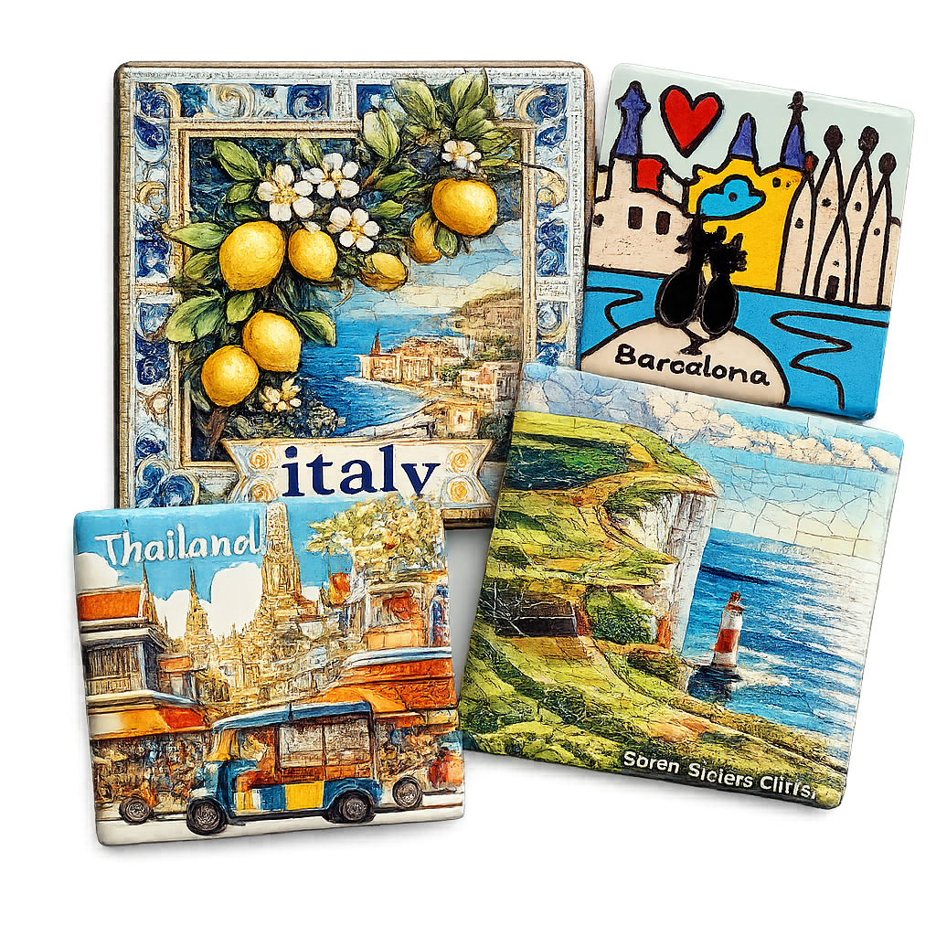 Custom ceramic souvenir fridge magnets featuring Italy, Barcelona, Thailand and Seven Sisters Cliffs designs