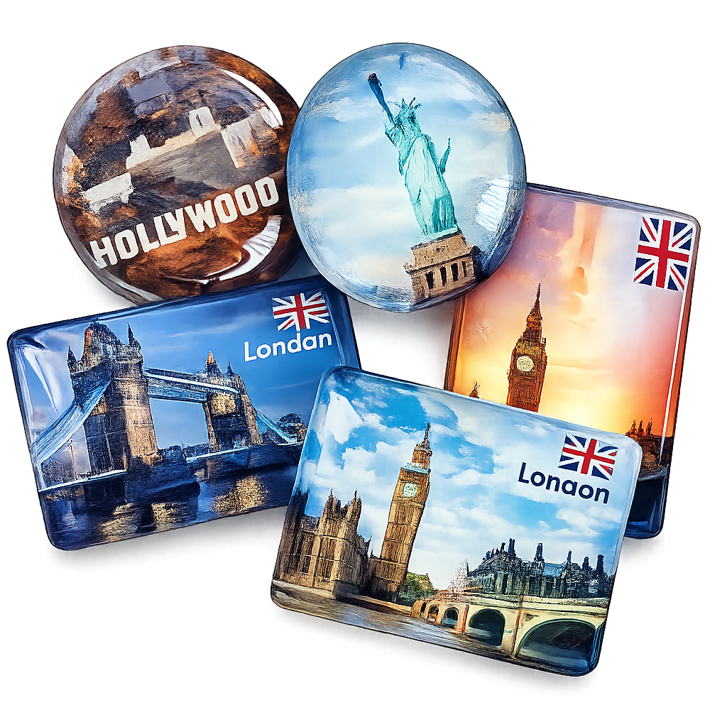 Custom crystal glass fridge magnets featuring Hollywood, Statue of Liberty and London landmark designs
