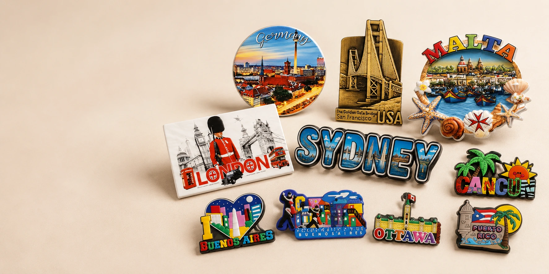 Custom tourist souvenirs collection with snow globe, fridge magnets, keychain, bottle opener, figurines and New York canvas tote bag