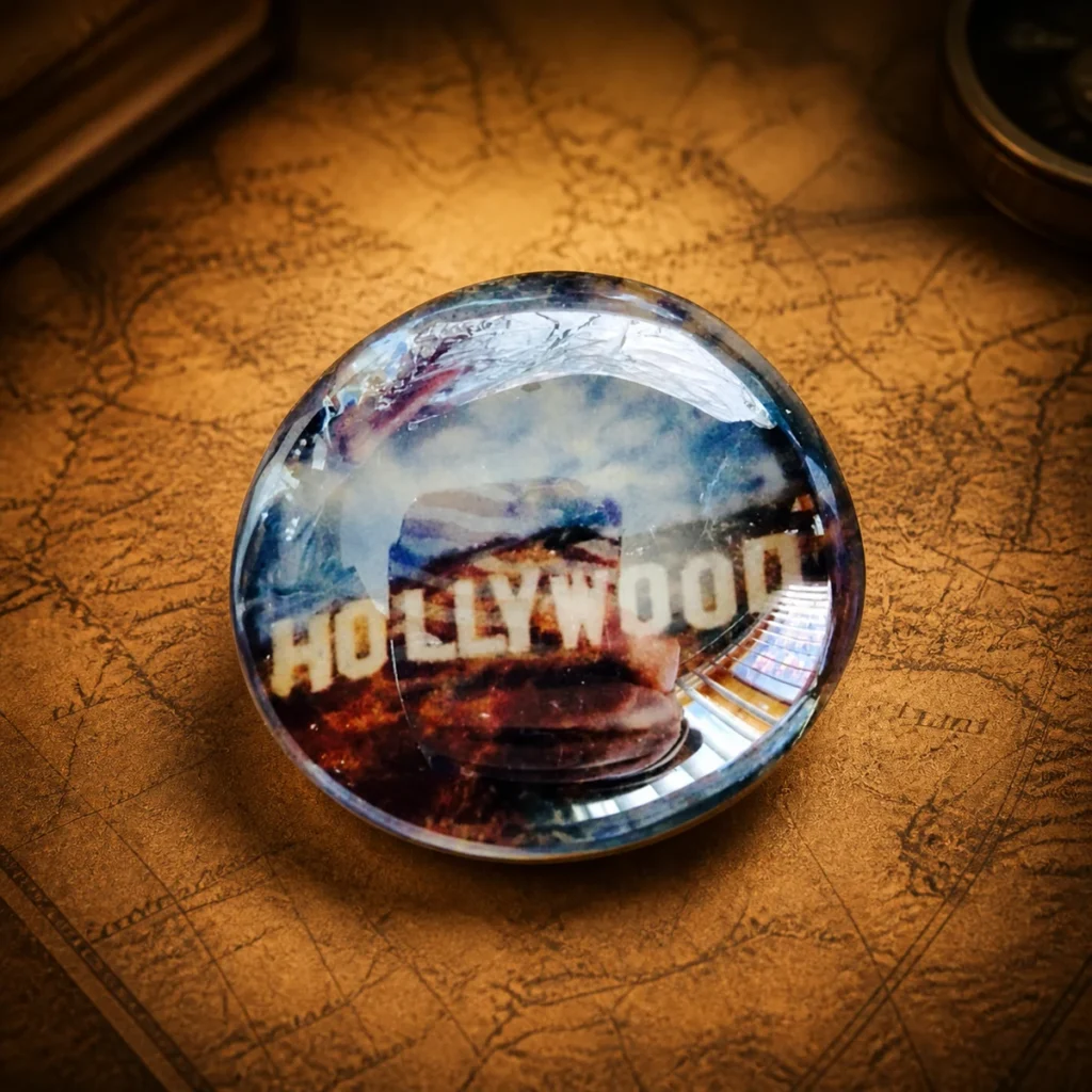 Custom glass Hollywood souvenir fridge magnet on a dark travel map