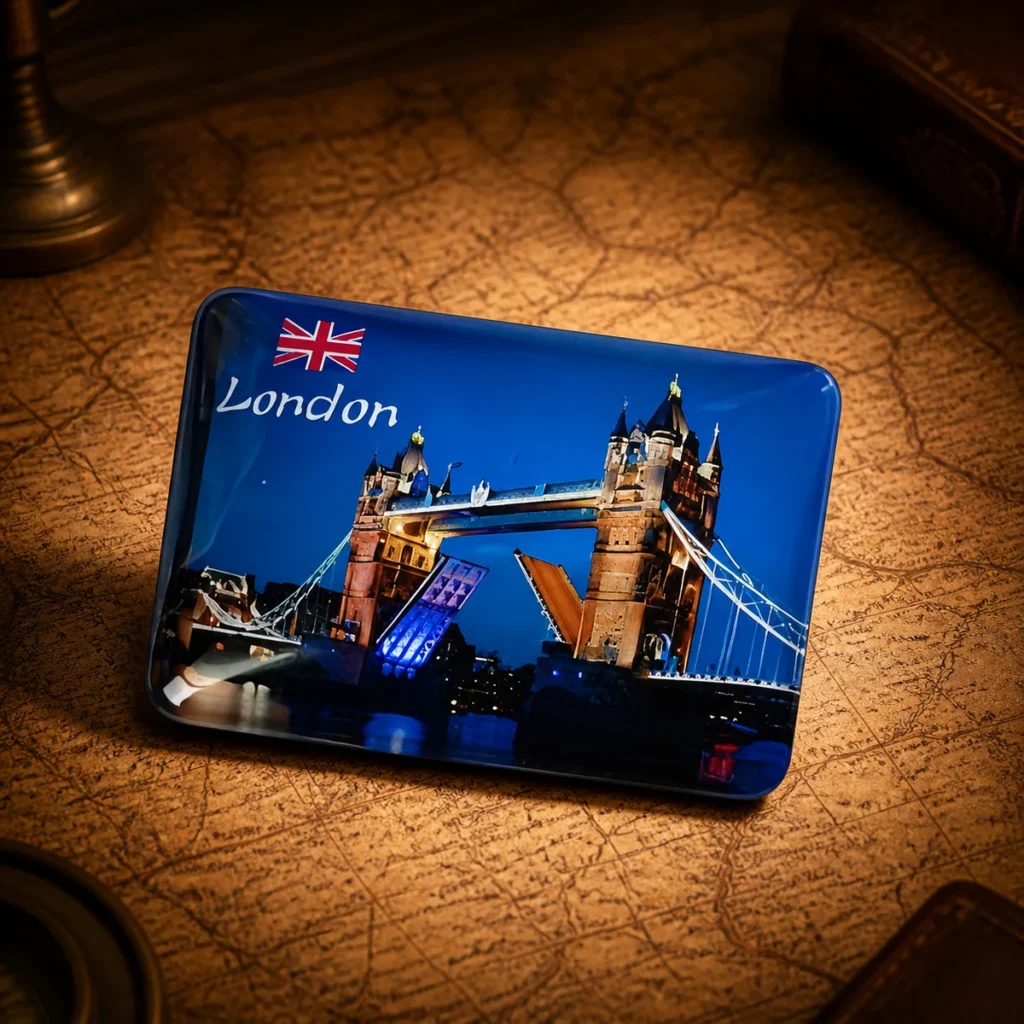 Custom glass London Tower Bridge souvenir fridge magnet on a dark travel map