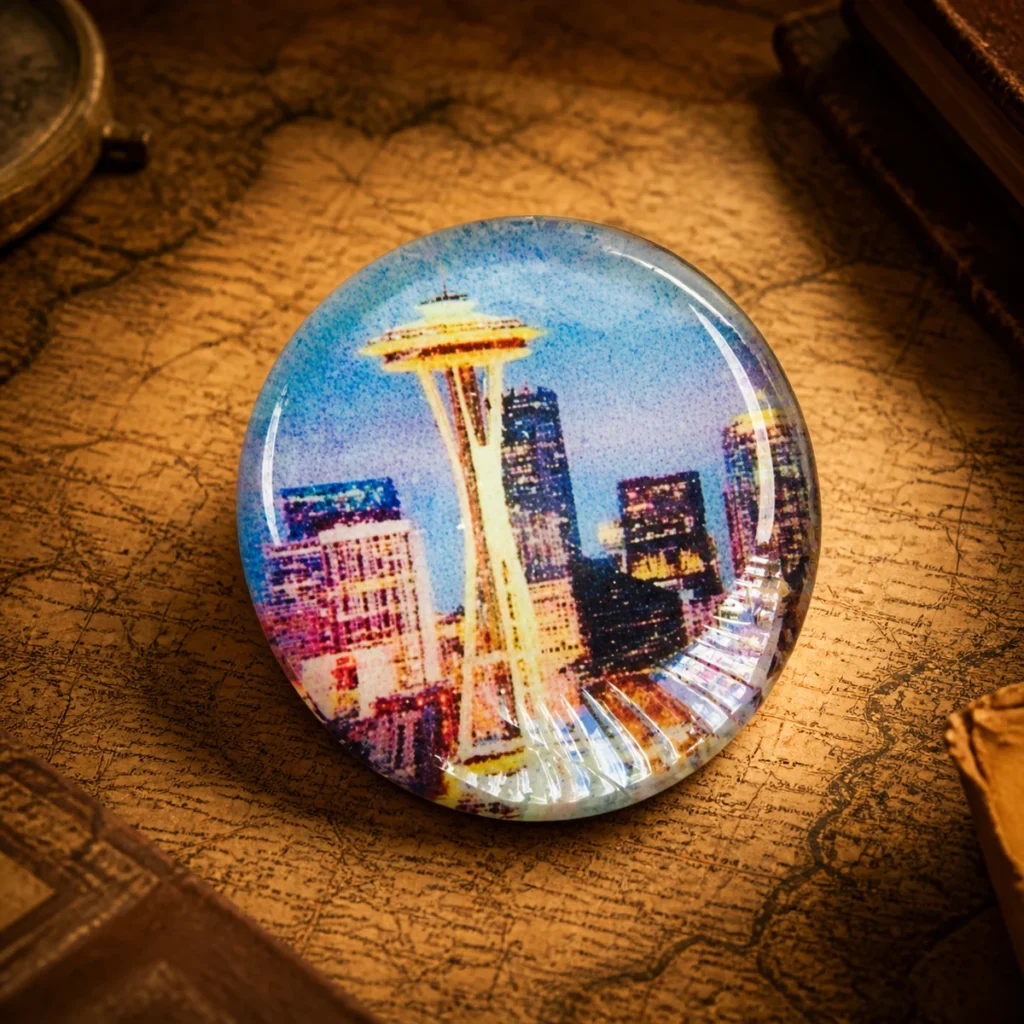 Custom glass Seattle souvenir fridge magnet on a dark travel map