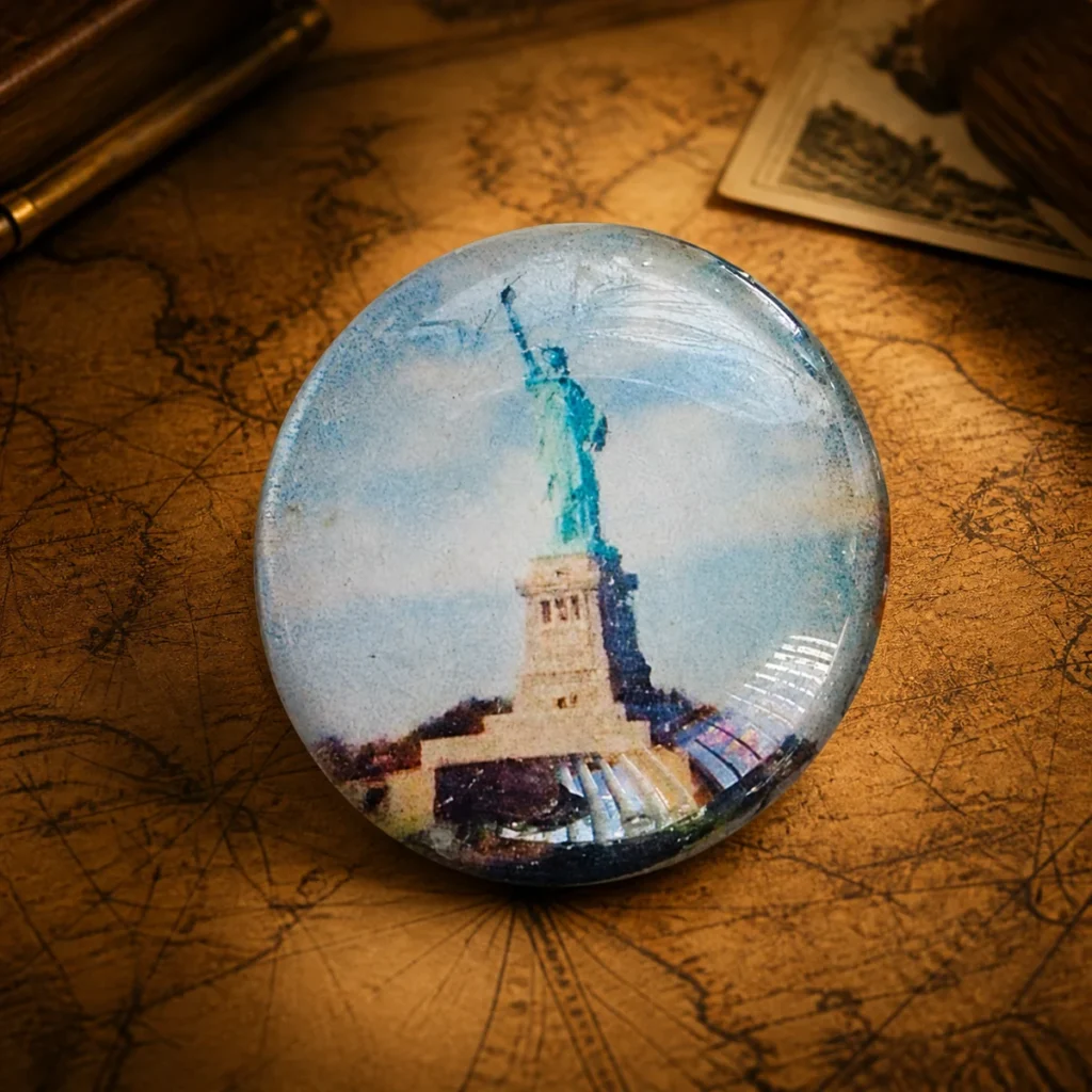 Custom glass Statue of Liberty souvenir fridge magnet on a dark travel map