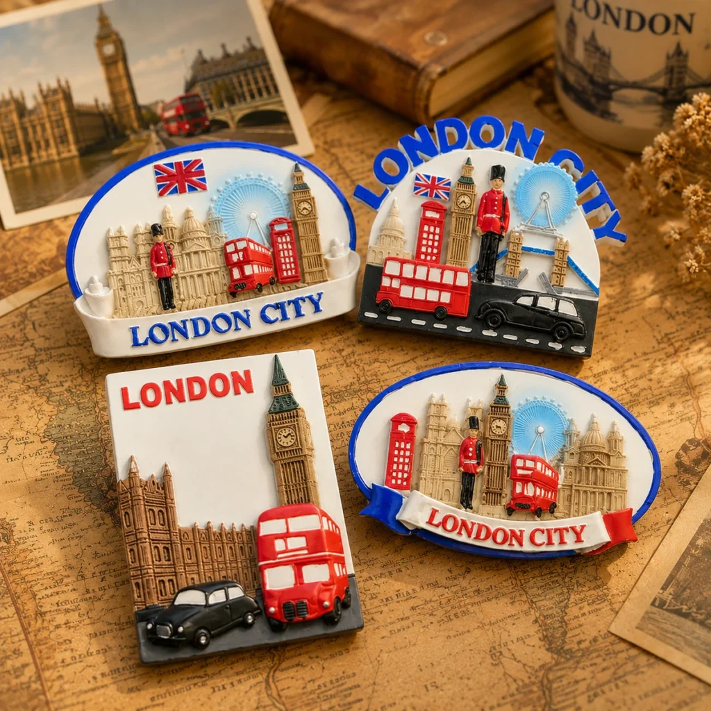 London city souvenir fridge magnets with Big Ben, buses and landmark relief details