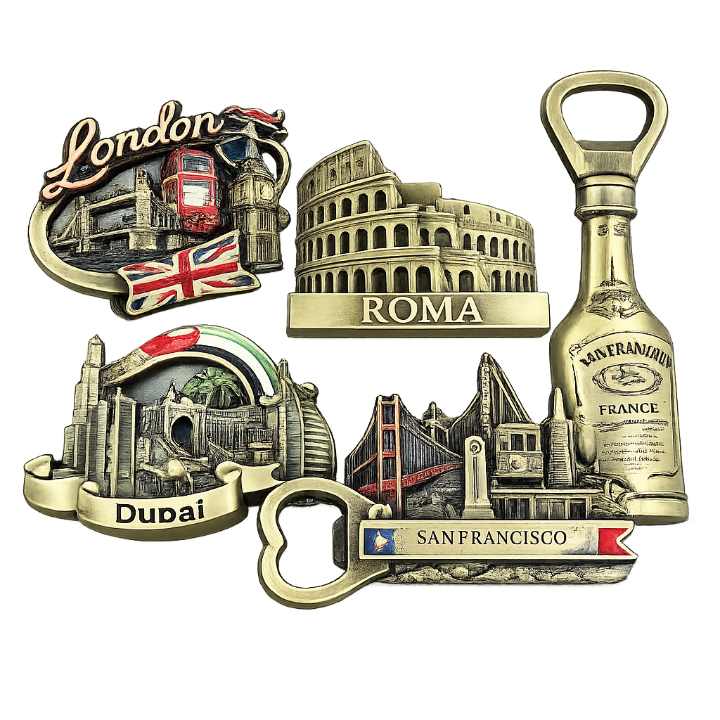 Custom metal souvenir fridge magnets featuring landmark and city designs