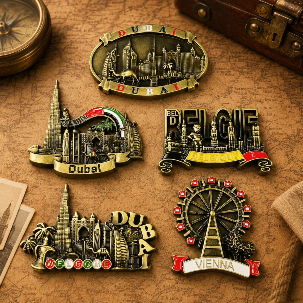 Custom metal fridge magnets with dimensional city landmark designs and antique finishes