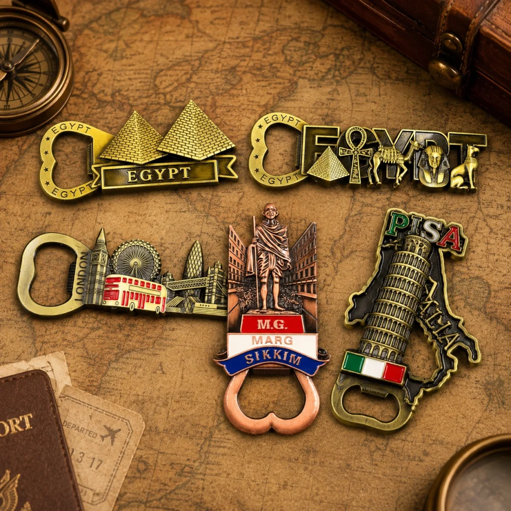 Zinc-alloy souvenir fridge magnets with destination names and enamel color details