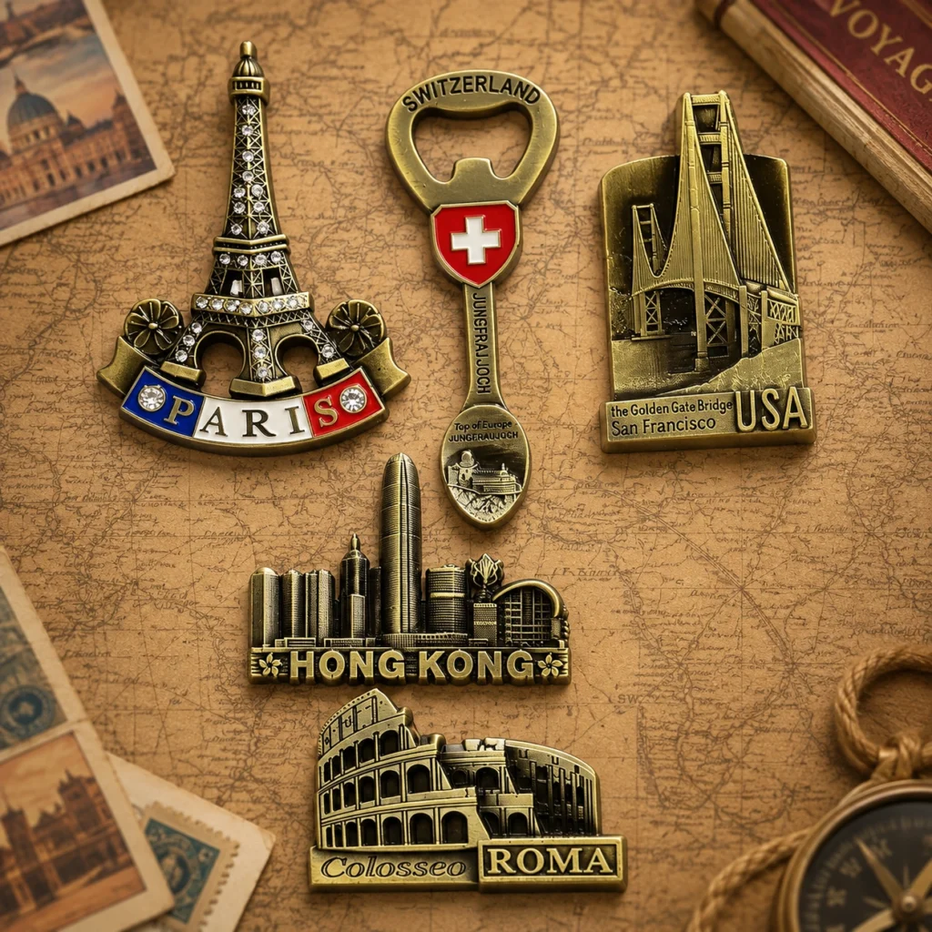 Custom tourism metal magnets featuring landmark relief and plated surfaces