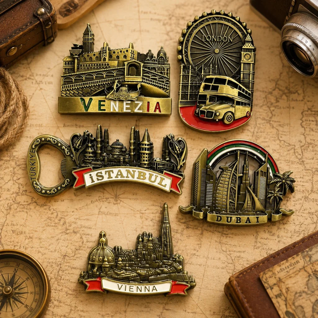 Assorted city souvenir metal fridge magnets prepared for gift-shop retail