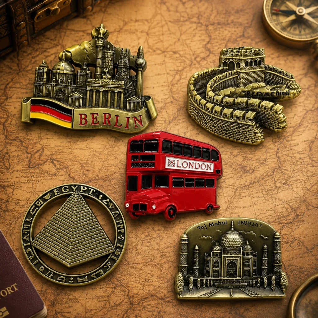 Custom-shaped metal fridge magnets with logos, landmark artwork and colored enamel