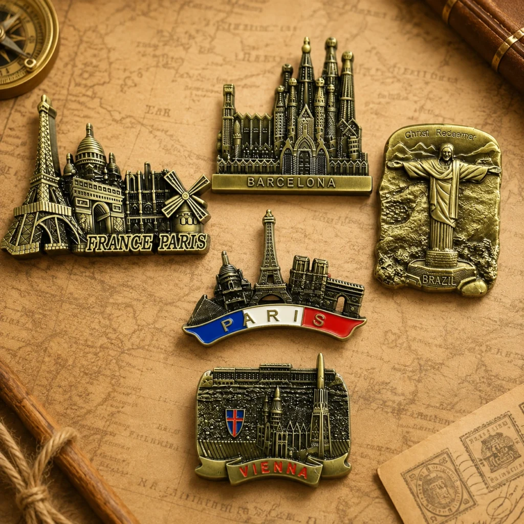 Wholesale destination metal magnets with varied shapes, finishes and magnet backings