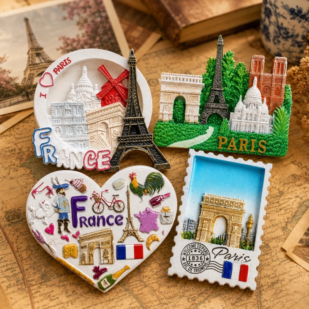 Paris and France souvenir resin magnets featuring the Eiffel Tower and Arc de Triomphe