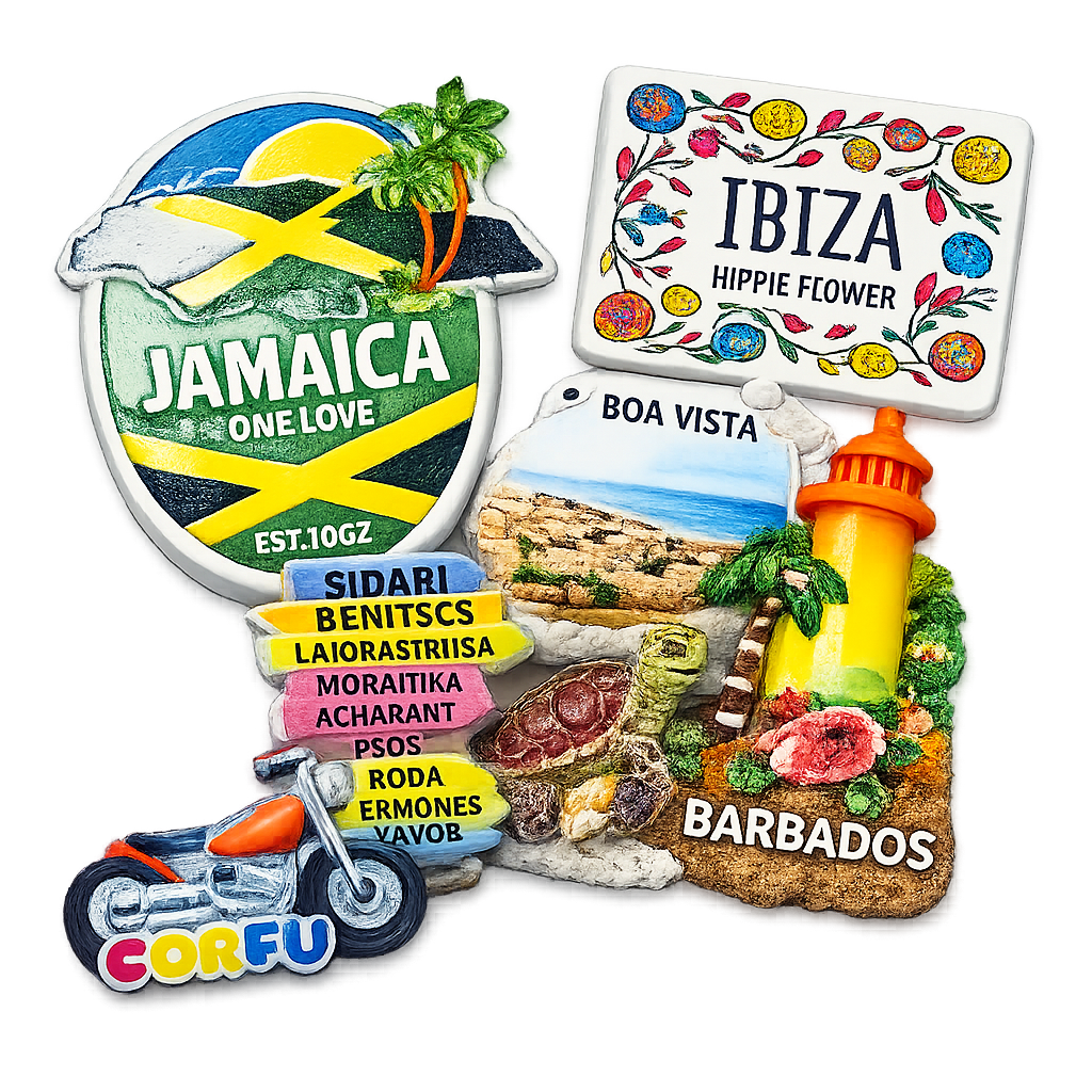Custom polyresin fridge magnets with UV printing and hand painting in Jamaica, Ibiza, Corfu, Boa Vista and Barbados souvenir designs