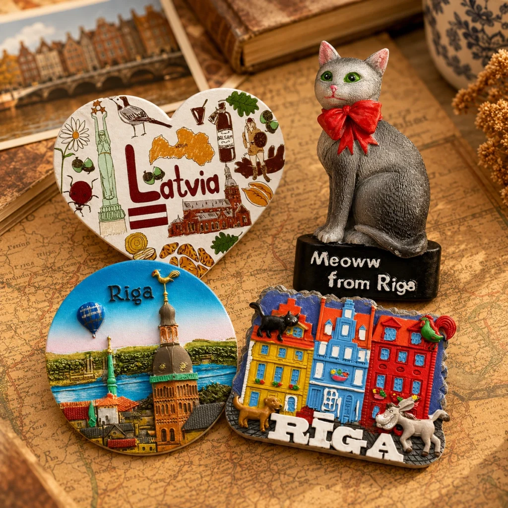 Latvia and Riga polyresin fridge magnets with city buildings and local souvenir artwork