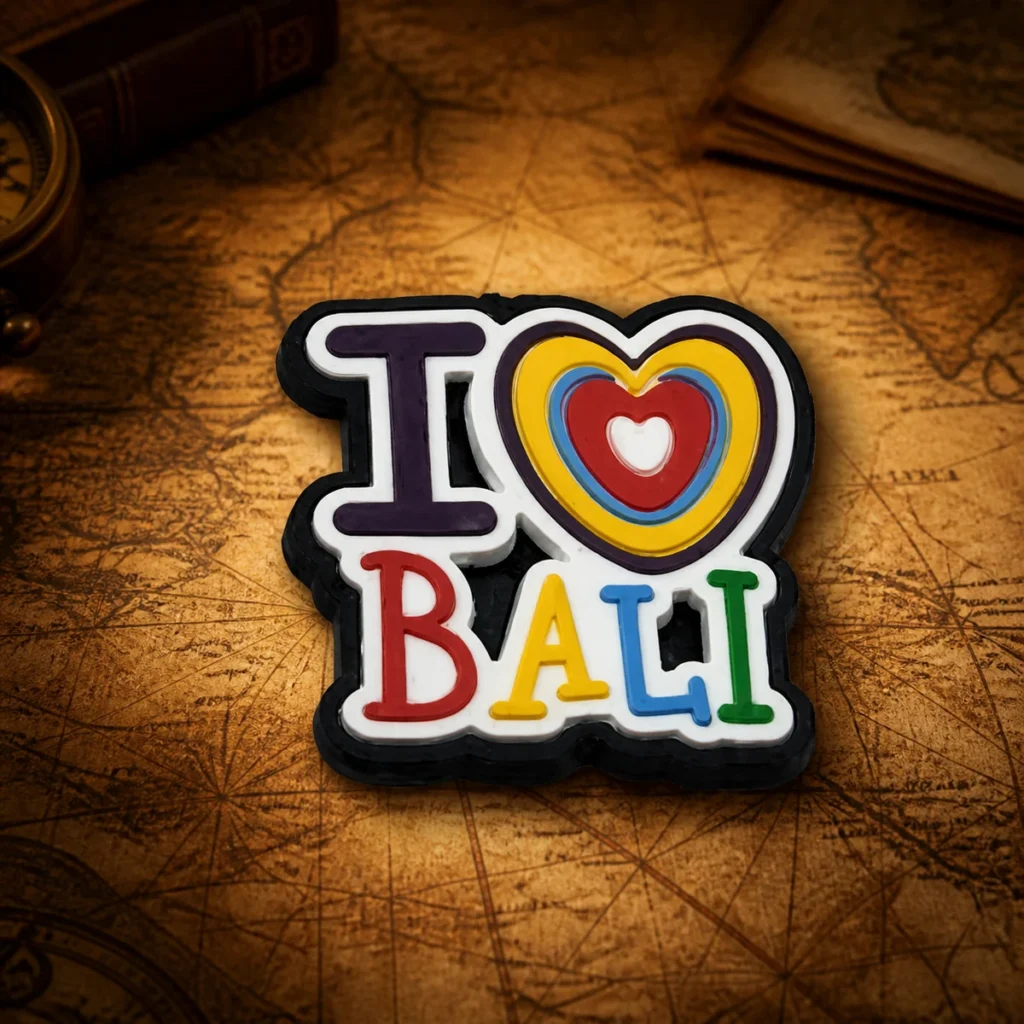 Custom soft pvc Bali souvenir fridge magnet on a dark travel map