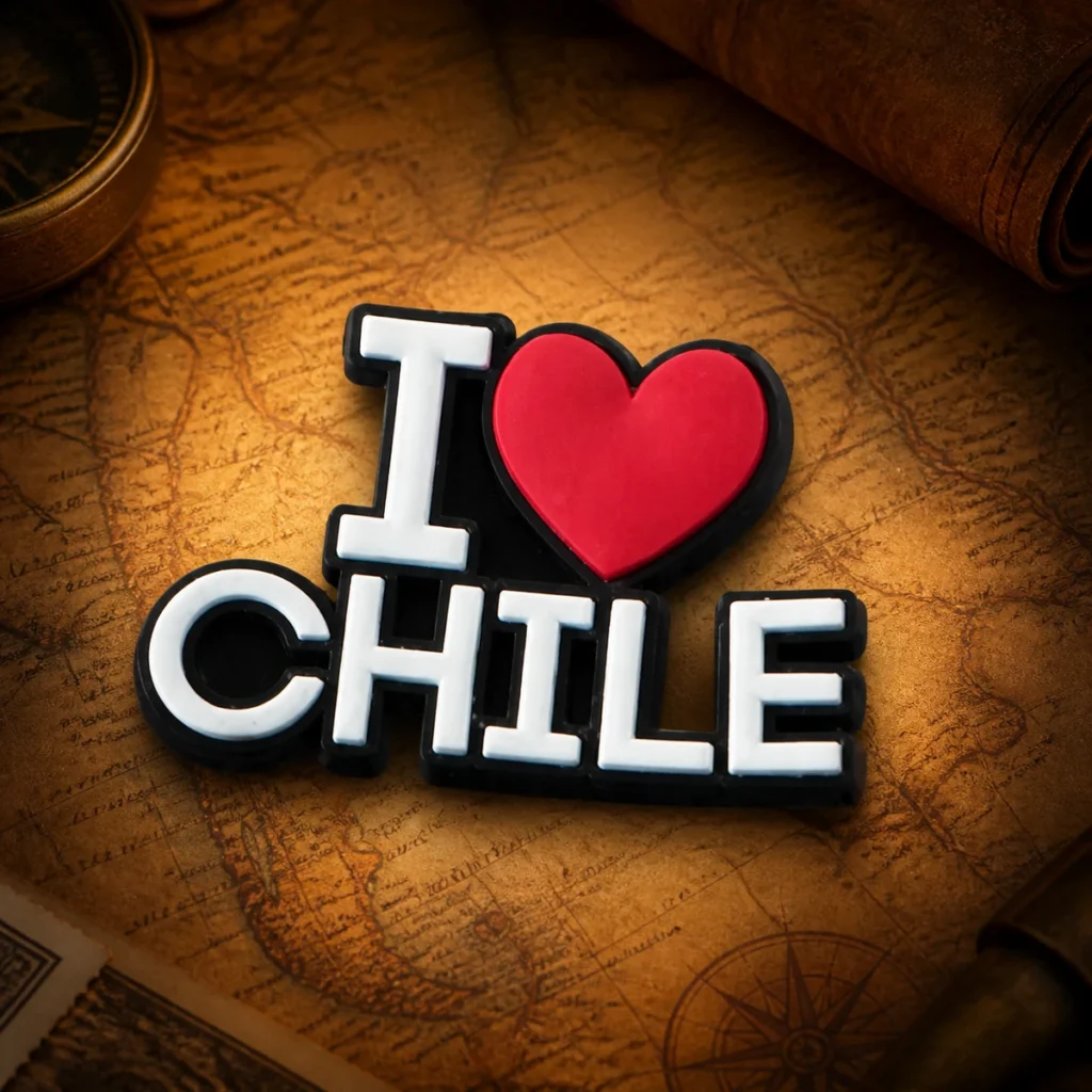 Custom soft pvc Chile souvenir fridge magnet on a dark travel map
