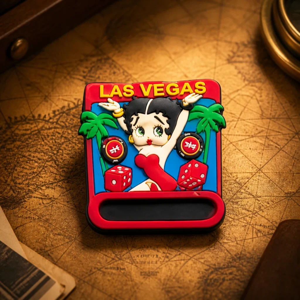 Custom soft pvc Las Vegas souvenir fridge magnet on a dark travel map