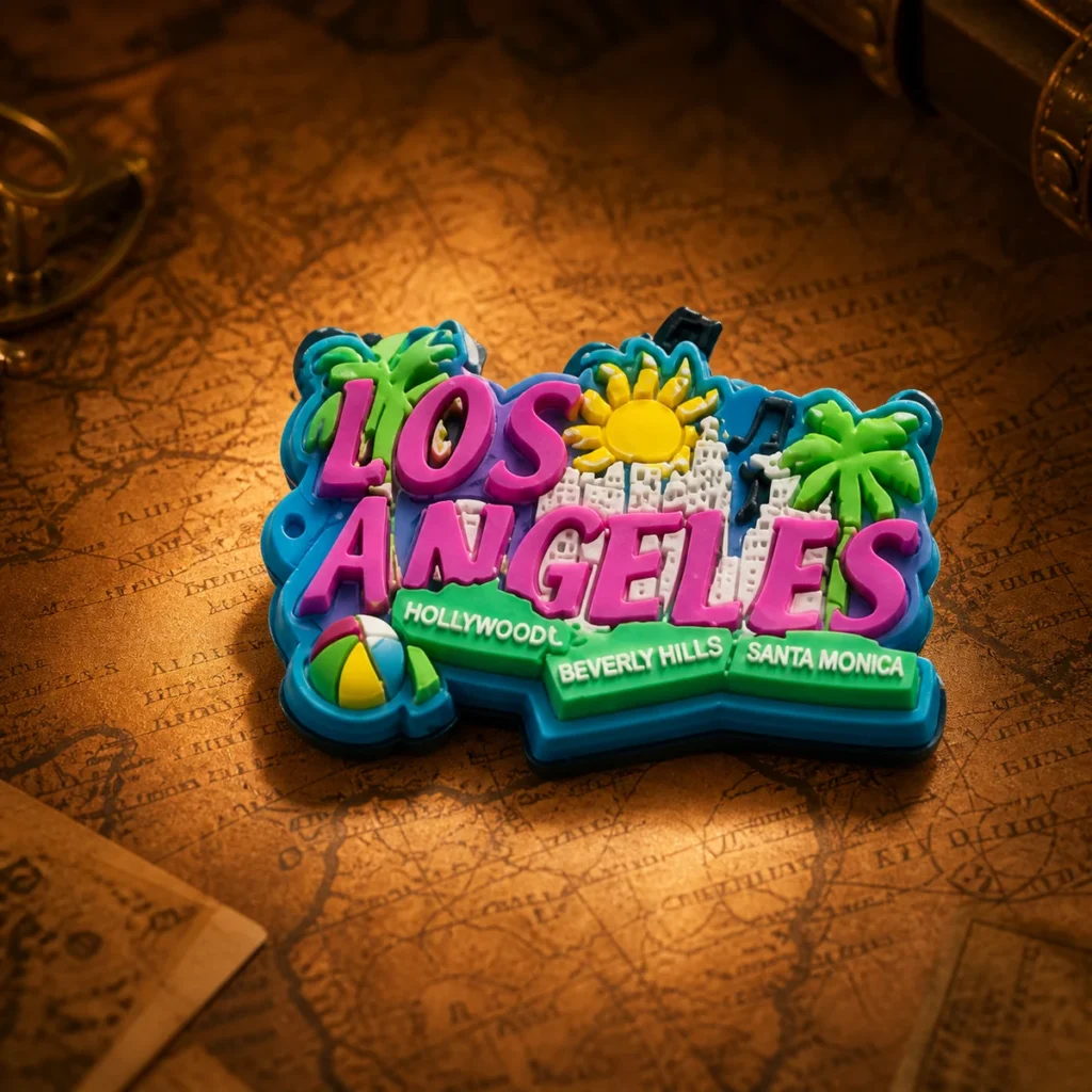 Custom soft pvc Los Angeles souvenir fridge magnet on a dark travel map
