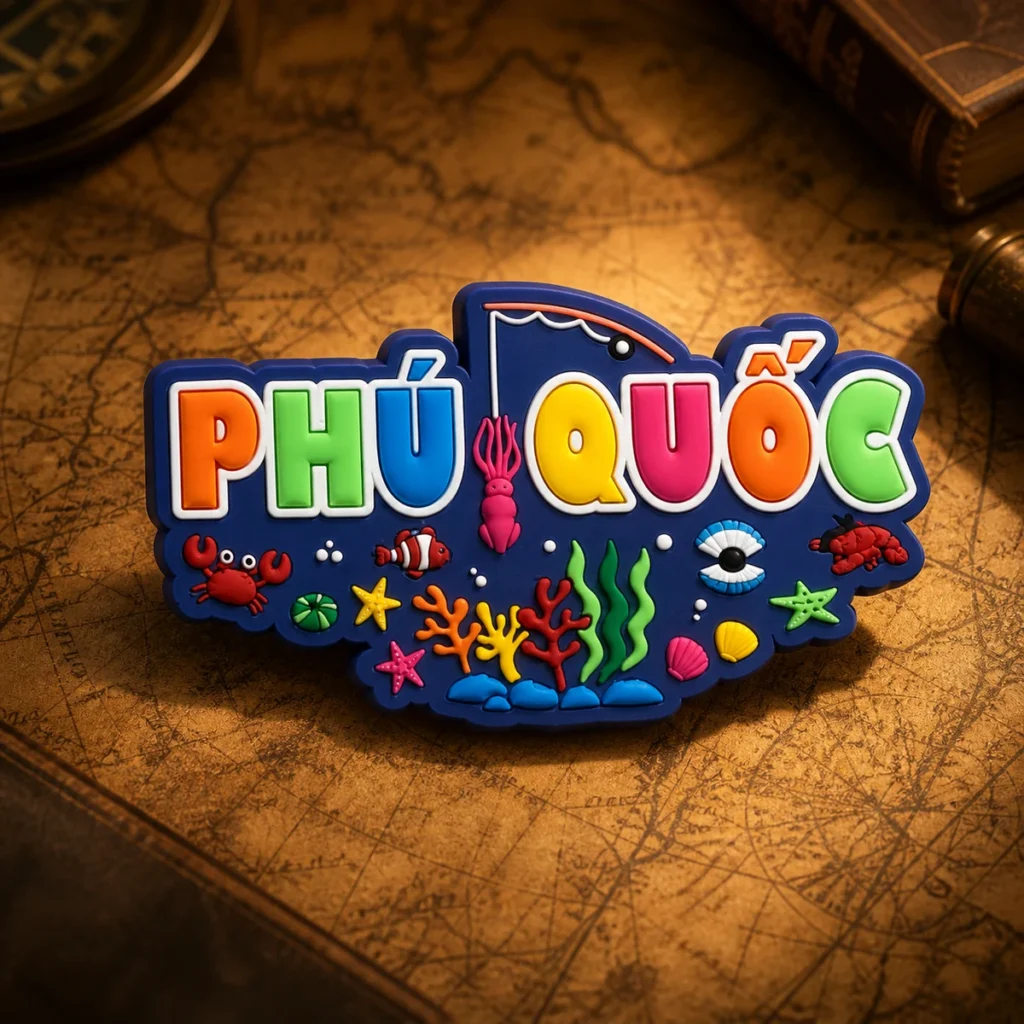 Custom soft pvc Phu Quoc souvenir fridge magnet on a dark travel map