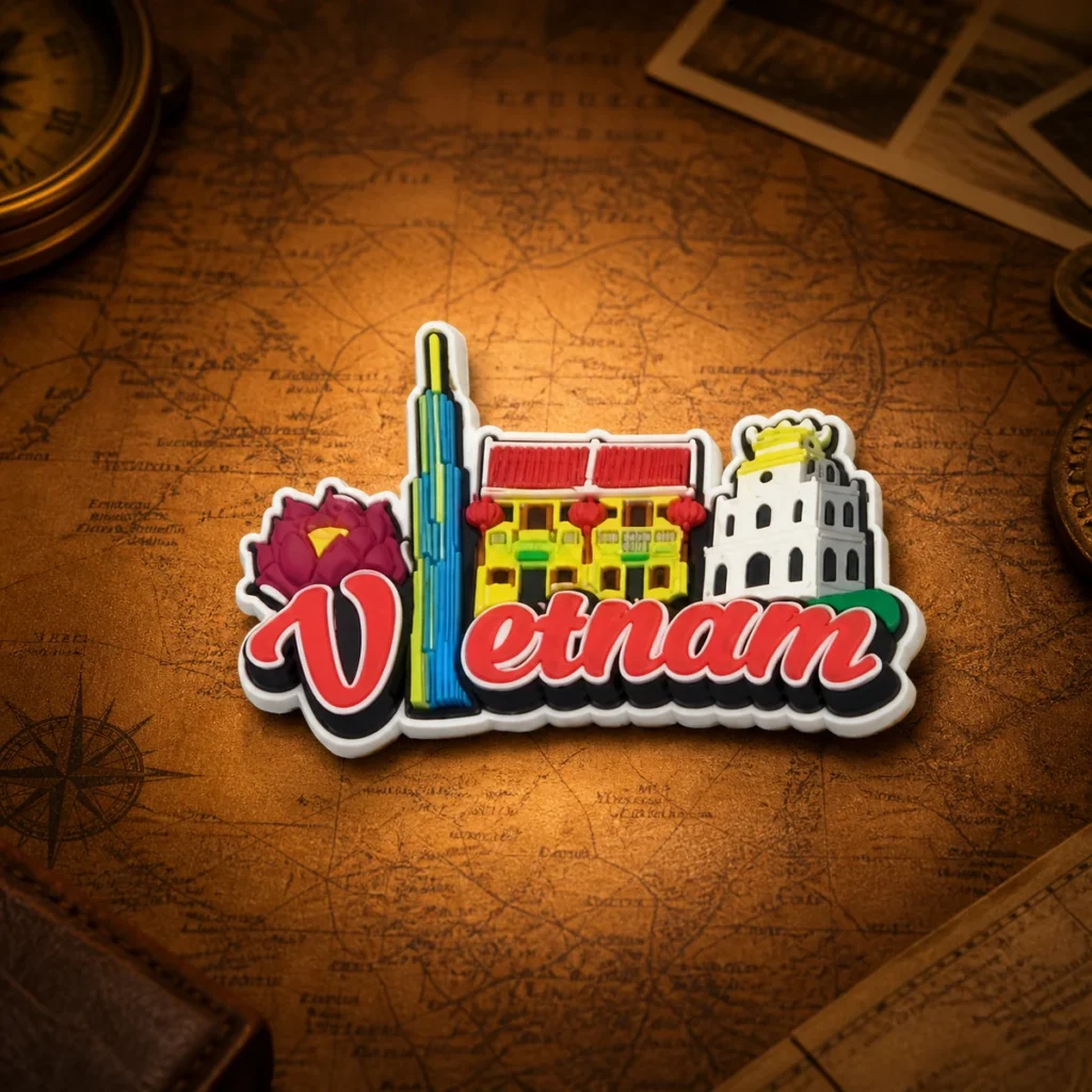 Custom soft pvc Vietnam souvenir fridge magnet on a dark travel map