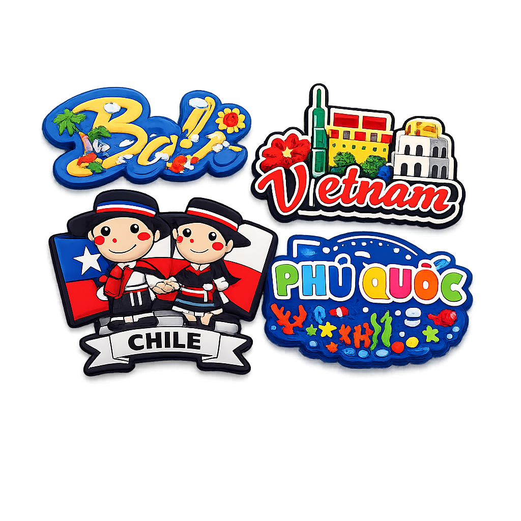 Custom soft PVC souvenir fridge magnets featuring Bali, Vietnam, Chile and Phu Quoc designs