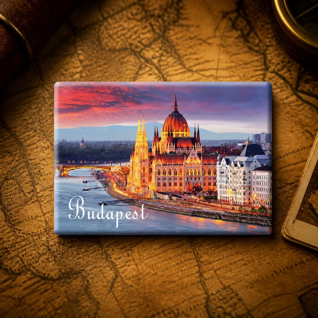 Custom tinplate Budapest souvenir fridge magnet on a dark travel map