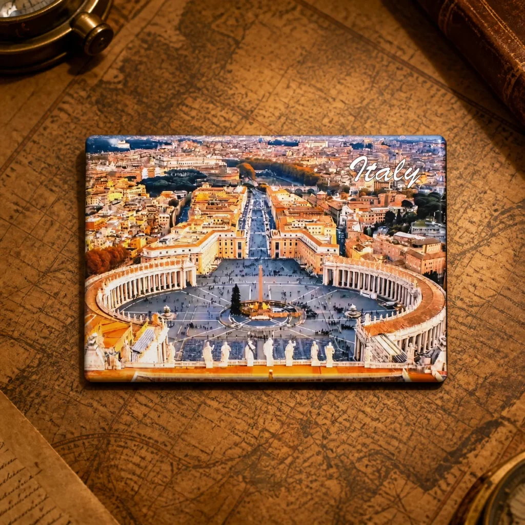 Custom tinplate Italy souvenir fridge magnet on a dark travel map