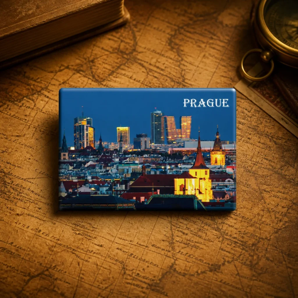Custom tinplate Prague souvenir fridge magnet on a dark travel map