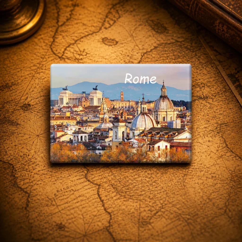 Custom tinplate Rome souvenir fridge magnet on a dark travel map
