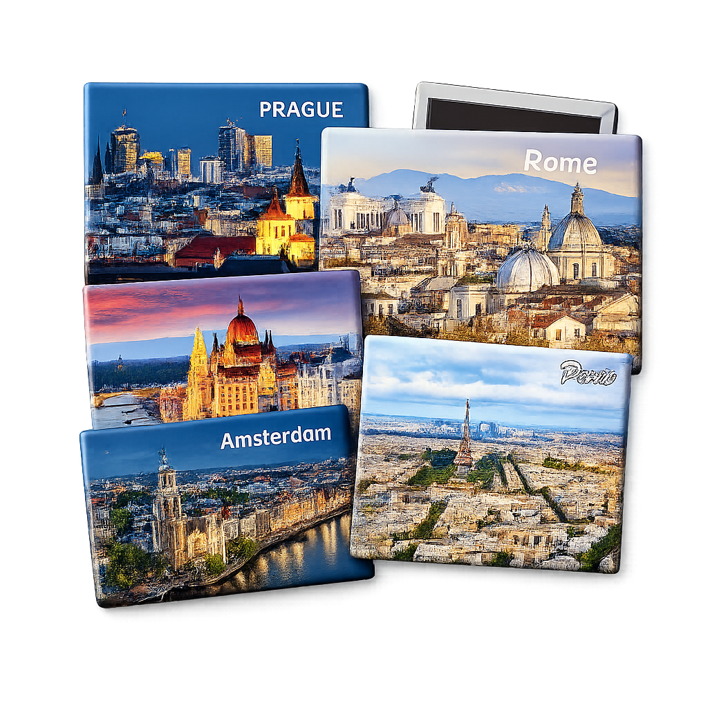 Custom tinplate souvenir fridge magnets featuring Prague, Rome, Budapest, Amsterdam and Paris city designs