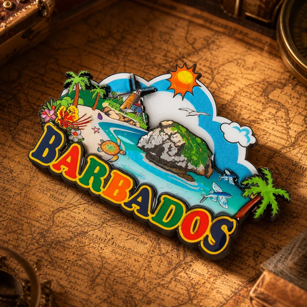 Custom wood Barbados souvenir fridge magnet on a dark travel map