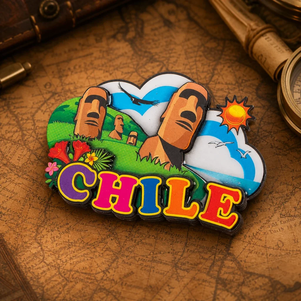 Custom wood Chile souvenir fridge magnet on a dark travel map